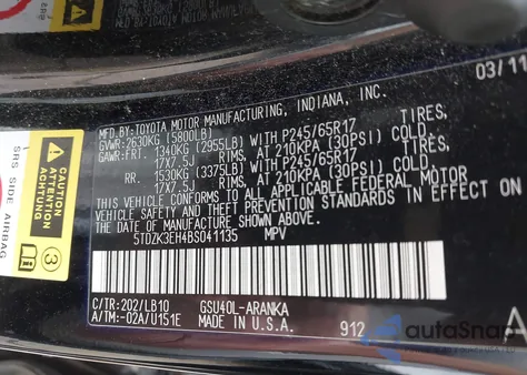 2011 Toyota Highlander Se V6 из США, поврежденный, VIN 5TDZK3EH4BS041135